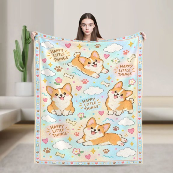 Corgi Blanket Cute Kawaii Happy Dog Flannel Throw Blanket Gift for Kids Who Love Corgis 50x40 in