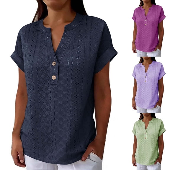 ZyeKqe Summer Tops for Women Eyelet Short Sleeve V Neck Button up Dressy Casual Fashion Blouses