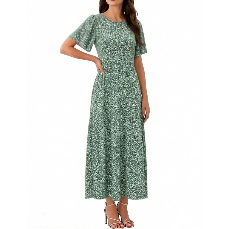 ditsy floral knit dress Virmaxy women summer Dress 2026 Women's Ditsy Floral Boho Tiered Maxi Dress Crew Neck Flutter Sleeve Empire Waist Soft Stretch Knit Beach Wedding