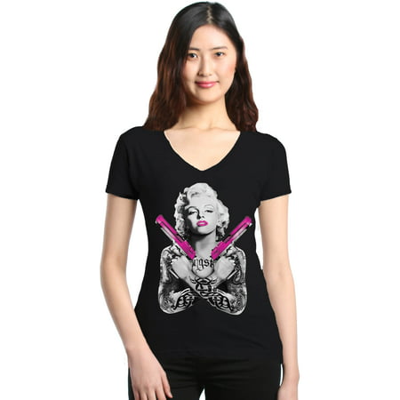 Shop4Ever Women's Tattooed Marilyn Pink Guns Gangster Slim Fit V-Neck T-Shirt