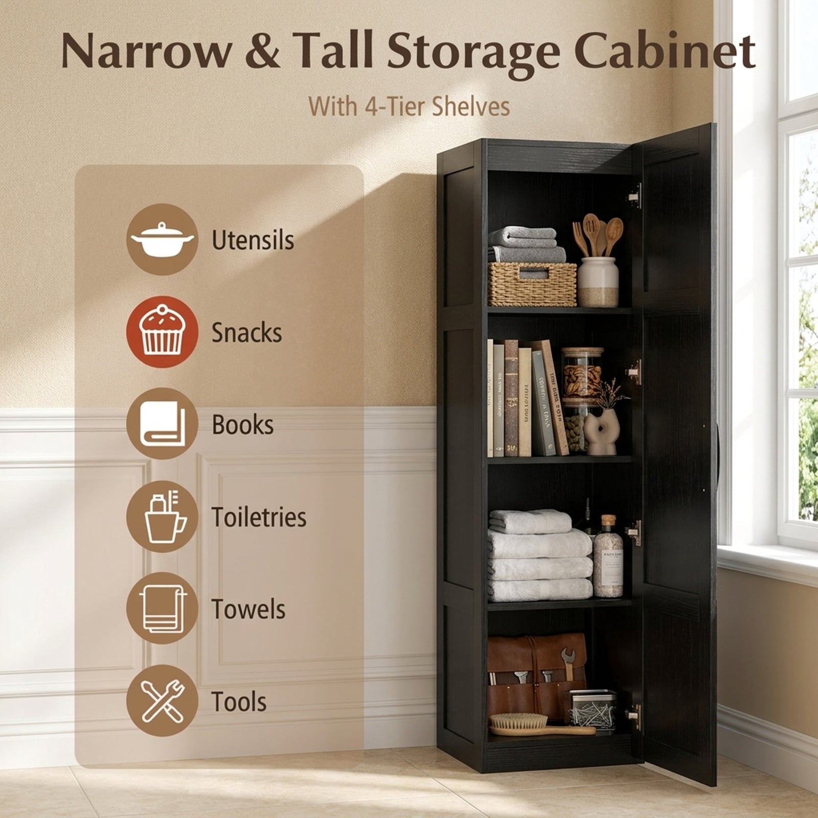 Vebreda Tall Bathroom Storage Cabinet with 4 Shelves, 59 in Narrow Freestanding Floor Cabinet with Soft-Close Door and Anti-Tip Kits, Black