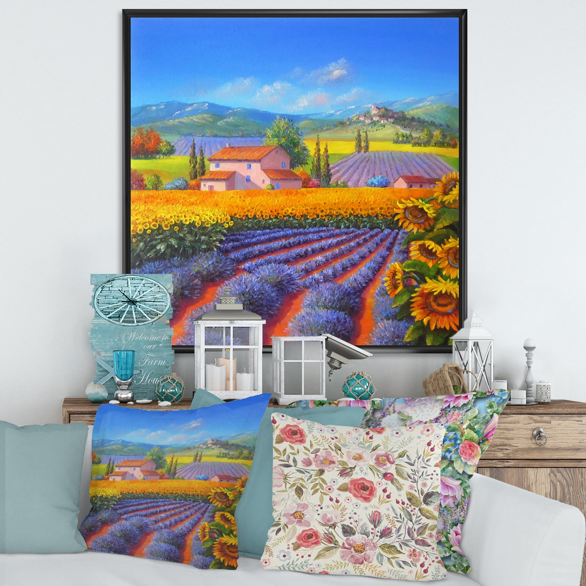 Designart 'Sunflower and Lavender Fields' Traditional Framed Canvas Wall Art Print