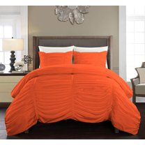 DNG Creations 3 Piece Ruched Pattern Duvet Cover 100% Egyptian Cotton, 800 TC- With Zipper Closure & Corner Ties ( Solid Orange - Oversized Queen )
