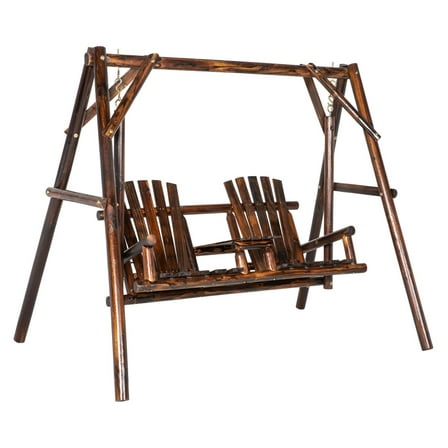 Adirondack Swing Chair Outdoor 2-Seat, Freestanding Wood Swing with Table