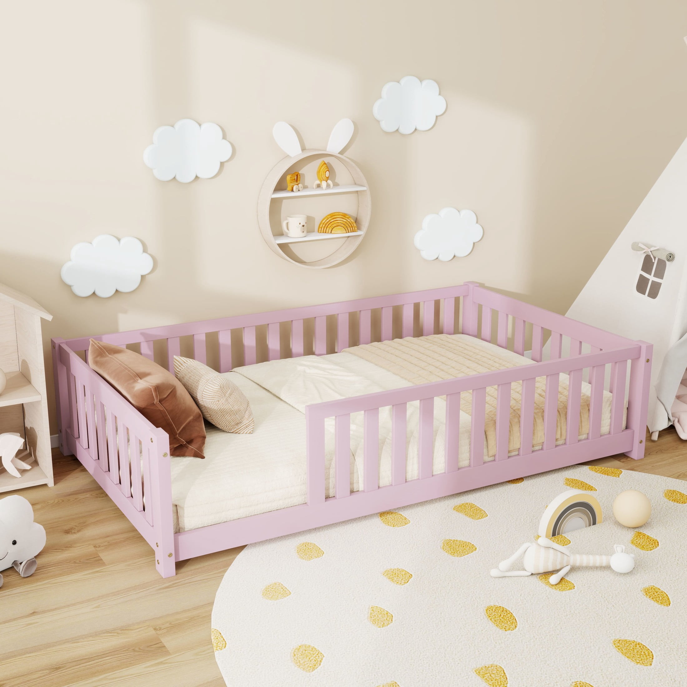 Noble House Wahid Twin Size Floor Bed with High Safety Guardrails, Rubber Wooden Bed Frame, Pink