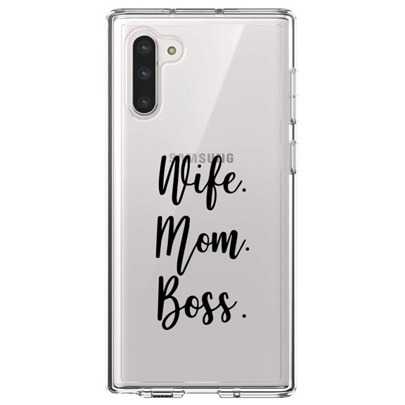 DistinctInk Clear Shockproof Hybrid Case for Samsung Galaxy Note 10 (6.3" Screen) - TPU Bumper Acrylic Back Tempered Glass Screen Protector - Wife. Mom. Boss.