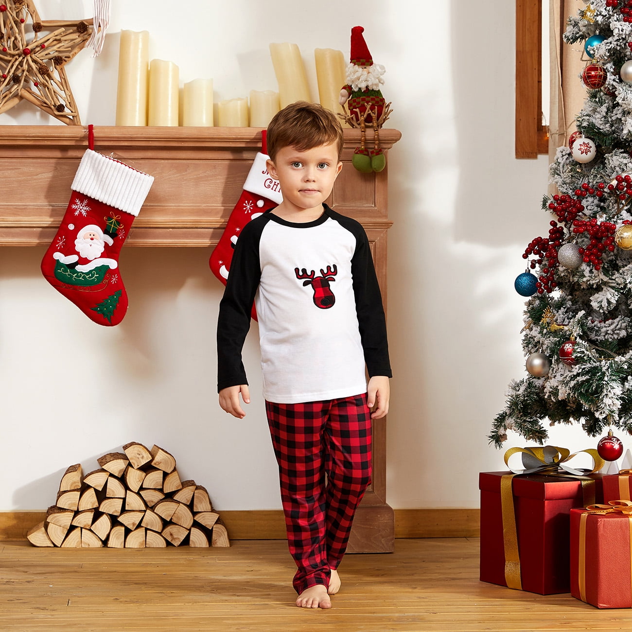 PatPat Christmas Pajamas Plaid Deer Family Matching Pajamas Pants Sets for Men, Black/White, L