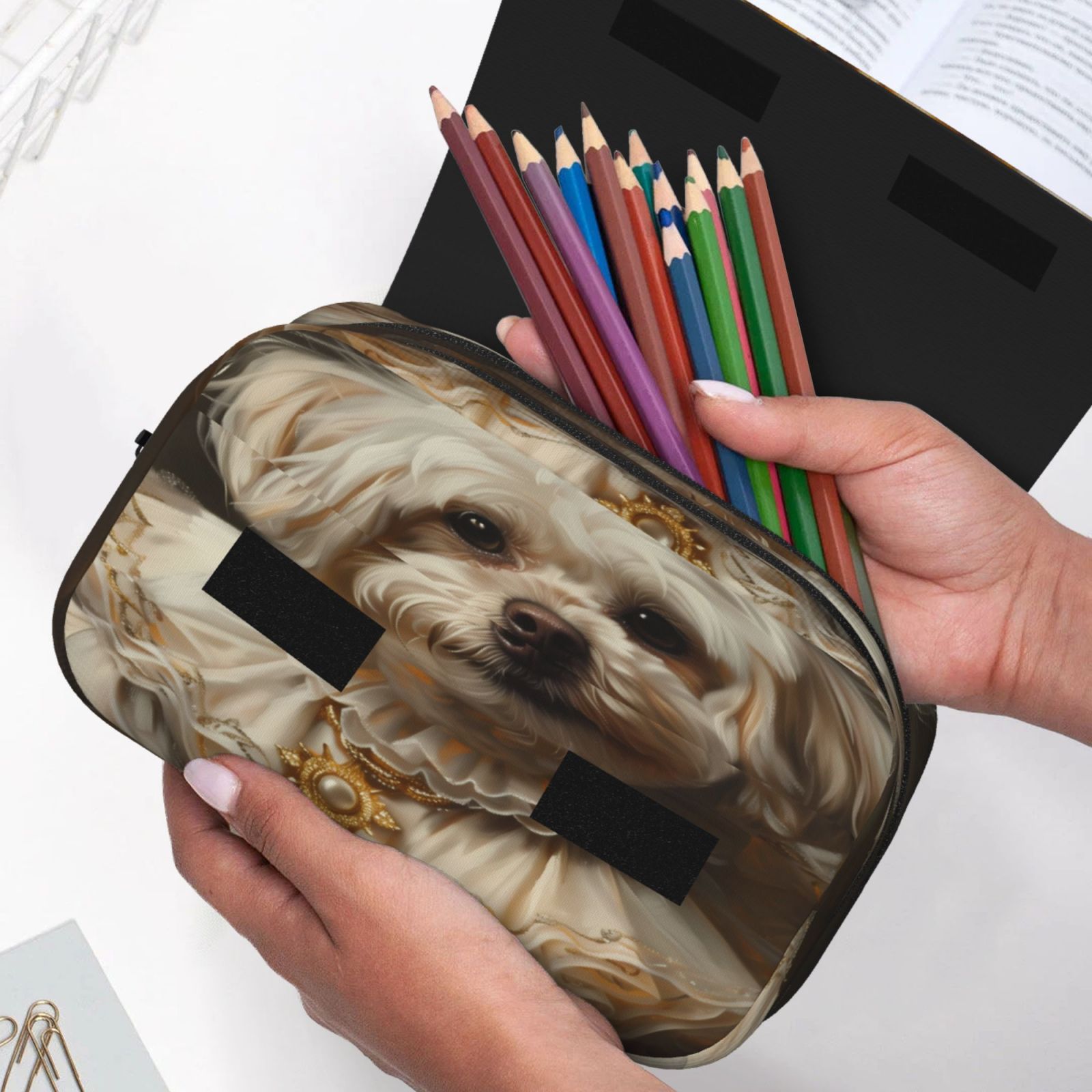 Rateoe Regal Dog In Royal Attire Pattern Double Clamshell Pen Case, Storage Organizer with Two Zipper Compartments– Holds Up to 50 Pencils & Pens