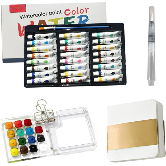 Horivan Mini Watercolor Painting Portable Travel Kit with Wooden Palette Water Brush Pens for Artists Adults Outdoor Sketching Art Supplies