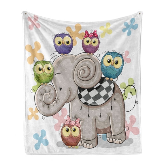 Cartoon Soft Flannel Fleece Throw Blanket, Cartoon and Owls Floral Background Animal Love Big Eyes Boys and Girls, Cozy Plush for Indoor and Outdoor Use, 70" x 90", Multicolor, by Ambesonne