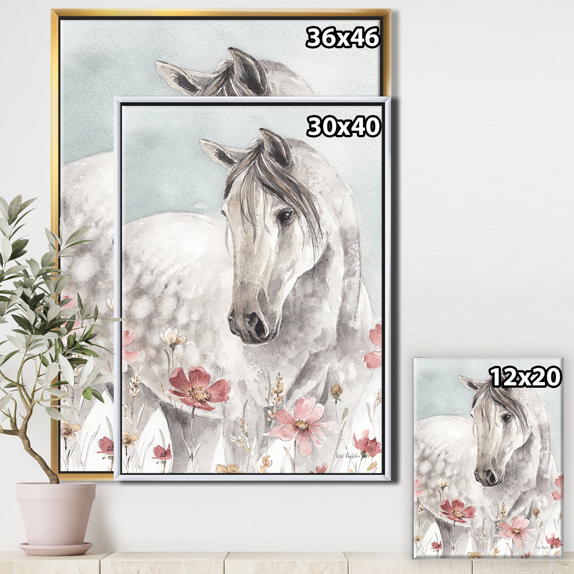 Designart ' watercolors Pink Wild Horses II ' Farmhouse Framed Canvas