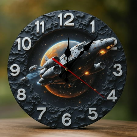 Wall Clock Decorative - Retro Silver Spaceship Print 2D Vintage Wall Clocks Battery Operated Silent Non-Ticking for Bedroom, Living Room, Kitchen, Office, Classroom, 10 Inch