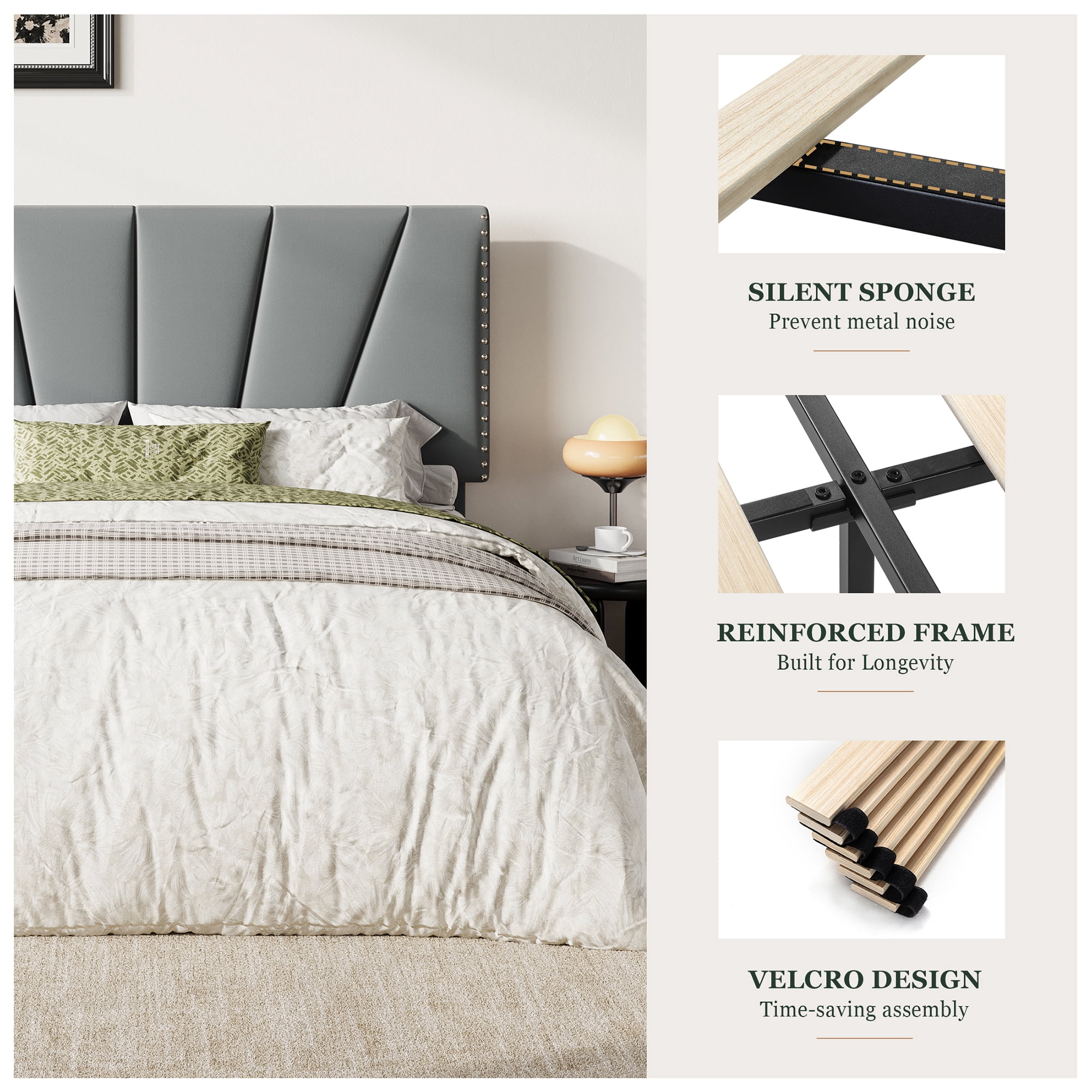 Amolife King Size Platform Bed Frame with Adjustable Velvet Upholstered Headboard, Gray