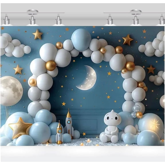 Blue Birthday Backdrop Stars Moon Night Sky Photography Background Blue Grey Balloons Arch Baby Shower Party Decorations Banner Supplies Photo Booth Props