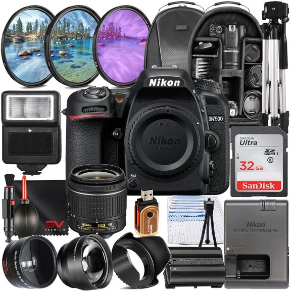 Nikon D7500 Mirrorless Camera with 18-55mm Lens   SanDisk 32GB Memory Card   Full Size Tripod   SV Premium Accessory Bundle (International Version)