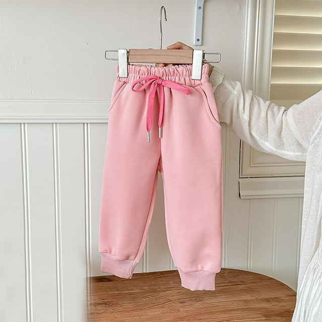 RXIRUCGD 1-10 Years Girls' Casual Solid Color Drawstring Warm Suede Straight Leg Ankle Pants Long Pants( Pink, Size:90 )