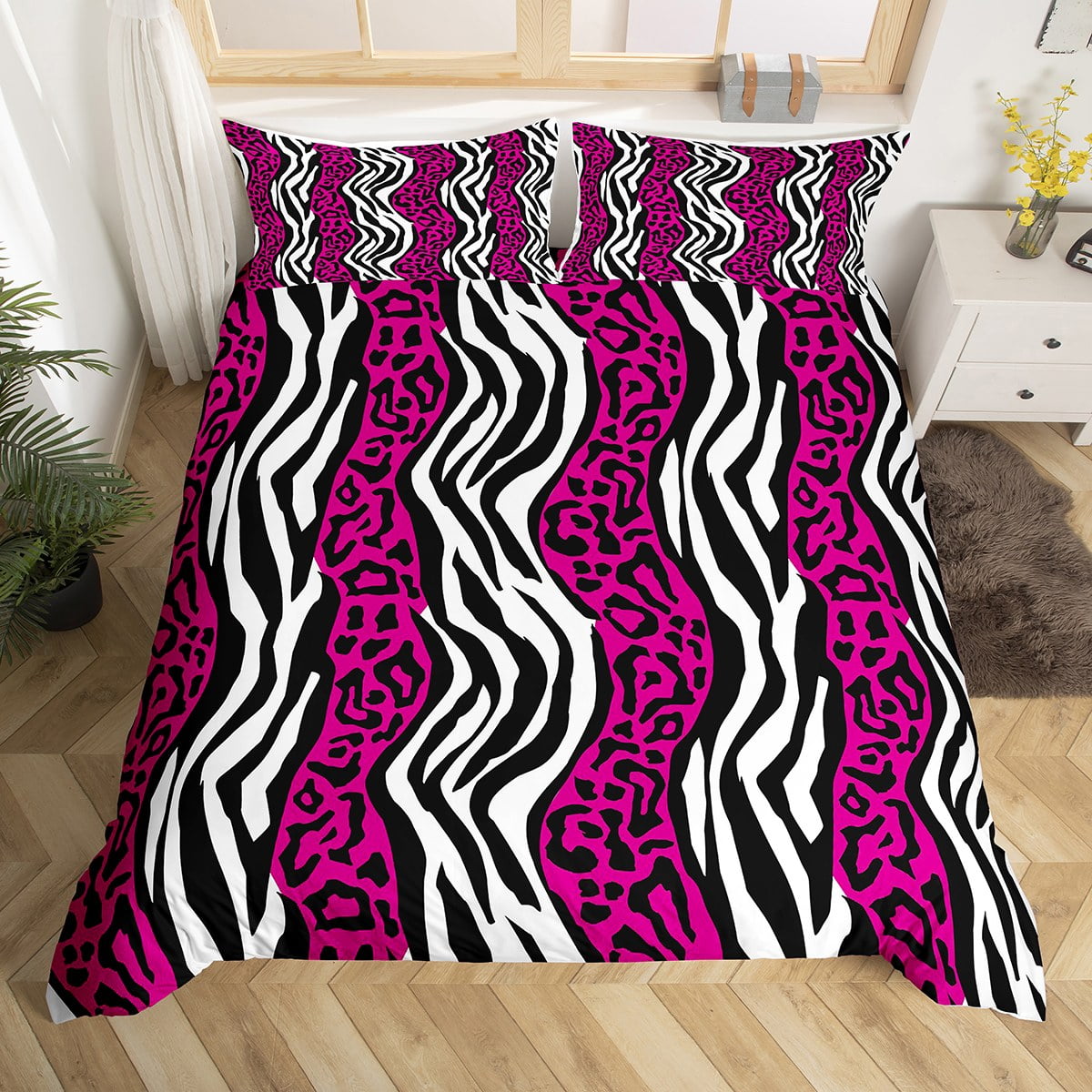 Purple Cheetah Print King Bedding Sets For Girls,Leopard Comforter Cover Black White Abstract
