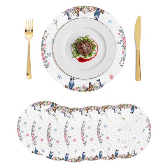 Round Placemats Spring Flowers Birds 15 inch Set of 6 Table Mats for Dining Table Pink Rose Butterflies Botanical Heat Resistant Non-Slip Kitchen & Home Decorative Place Mat Set