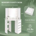 thumbnail image 3 of Corner Vanity Desk with Mirror and Lights, Makeup Vanity Table with 5 Drawers, Storage Shelves, Charging Station, Compact Vanity Dressing Table for Small Space，White, 3 of 8