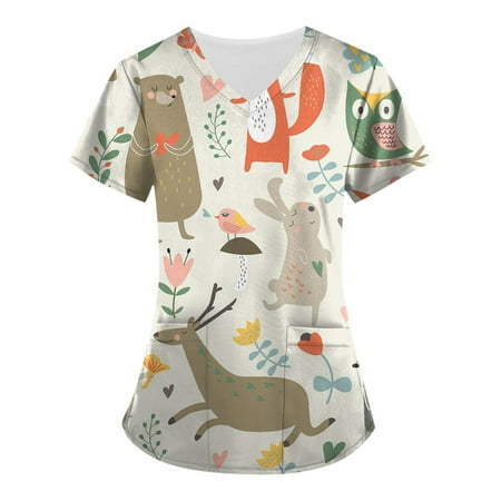 

QAZXD Womens Summer Scrubs Tops V-Neck Short Sleeve Printed Blouse Shirts S-5XL with Two Pockets Multi-color
