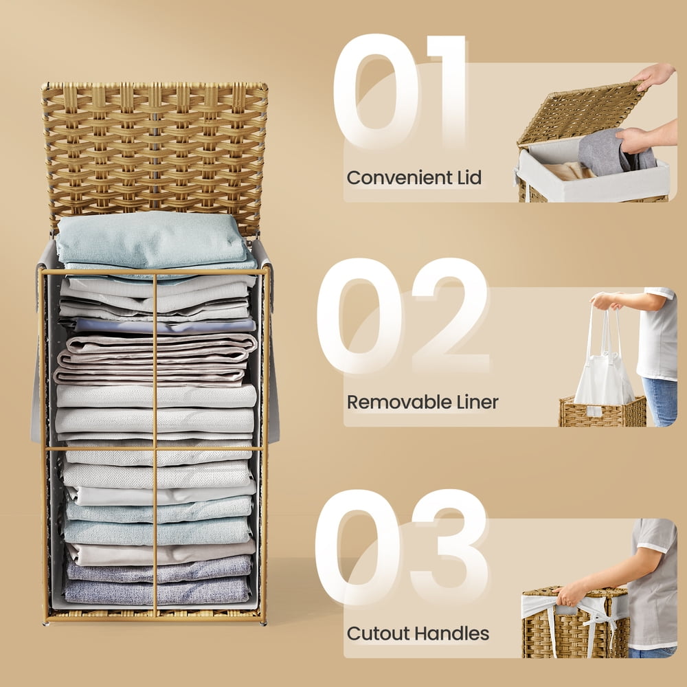LEDREM Foldable Laundry Hamper with Lid, 17.2 Gallon Capacity Synthetic Rattan Basket, Removable Washable Liner, 23.6 Inch, Goose Yellow