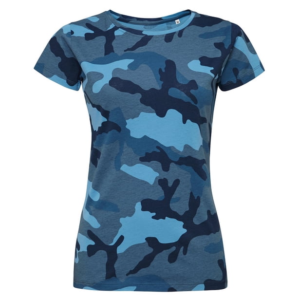 SOLS- Camiseta de manga corta Camo para chica/mujer (Azul Camuflaje)