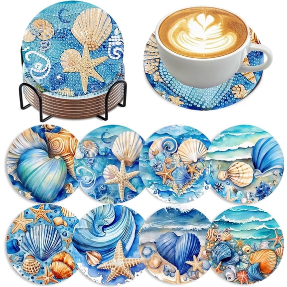 8 PCS Diamond Art Coasters Ocean Diamond Painting Coasters Kits Ocean Animals with Holder DIY Coasters for Beginners, Adults, Diamond Art Crafts Supplies 4x4 in