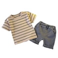 thumbnail image 2 of ITSAME Toddler Boys Outfit 2-Piece Cotton Striped Print T-Shirt and Shorts Summer Fashion Casual Set Beige Size 5T, 2 of 9