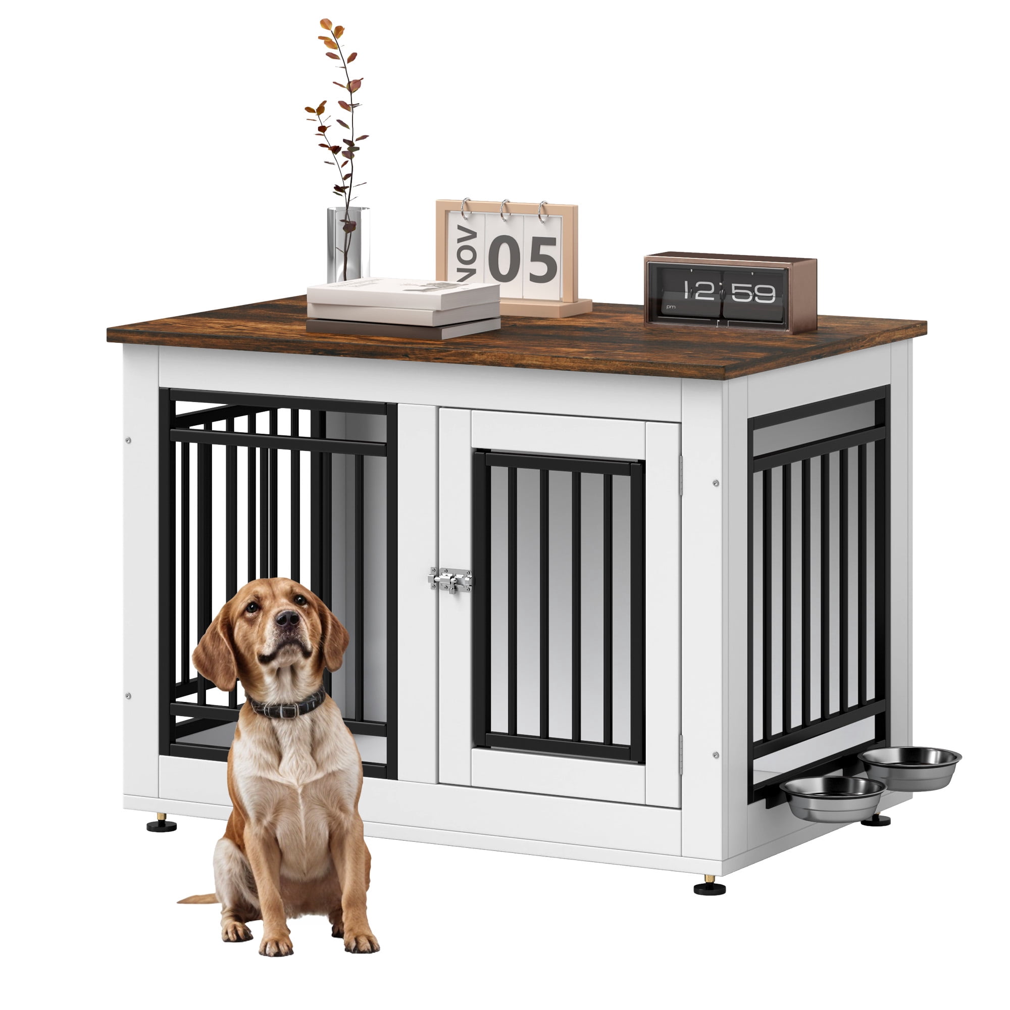 Uforic 35 inch Wooden End Table Dog Crate with Adjustable Feet and 2 Removable Bowls, White