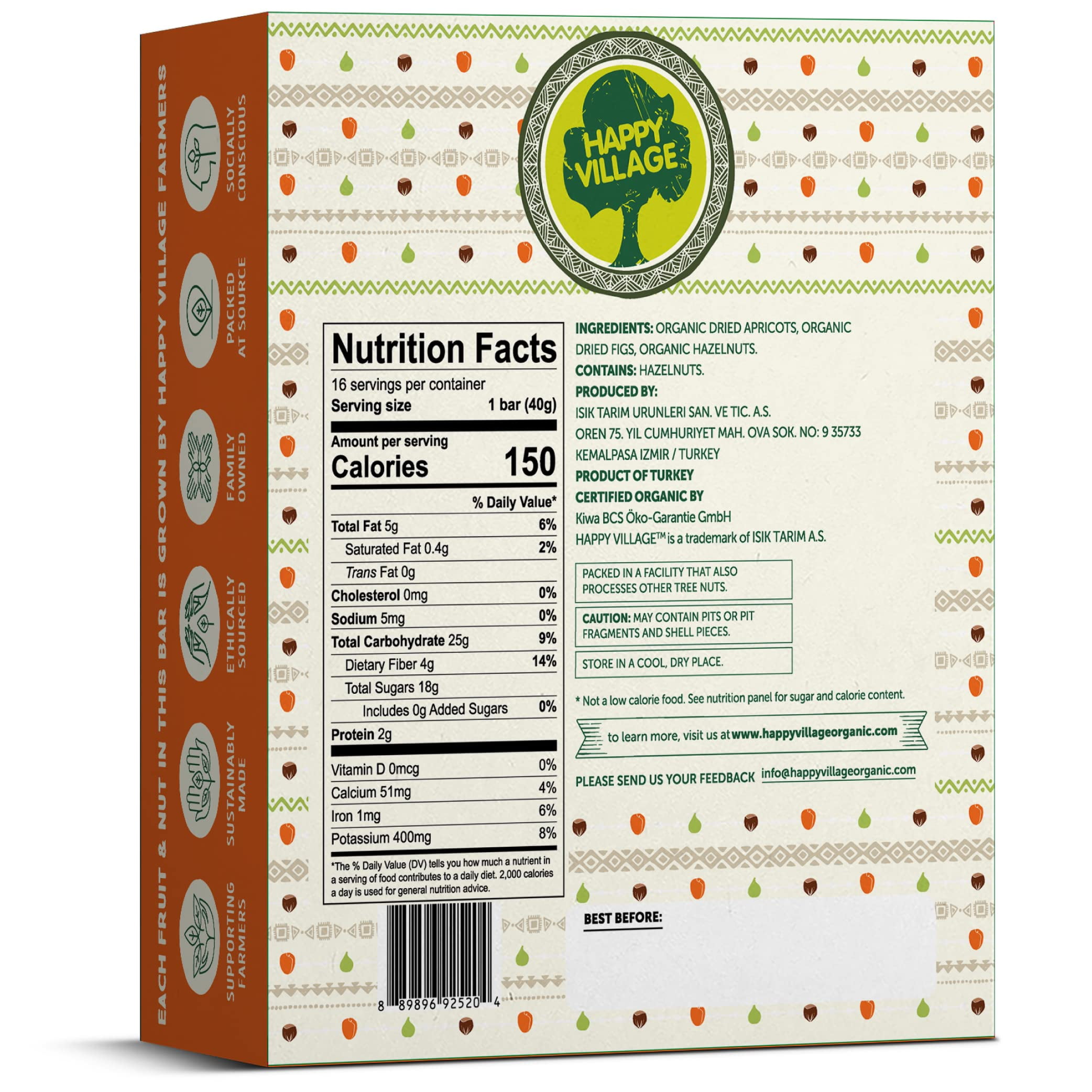 Happy Village Organic Fig & Nut Bar, Apricot – 3 Ingredients, Gluten-Free, No Sugar Added, Vegan, Kosher, Non-GMO – 16 x 1.4 oz, Resealable pack