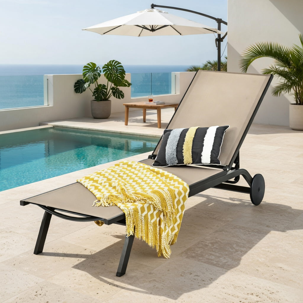 Hommoo Adjustable Aluminum Outdoor Lounge Chair, Breathable Fabric Recliner for Patio, Poolside & Backyard, Brown