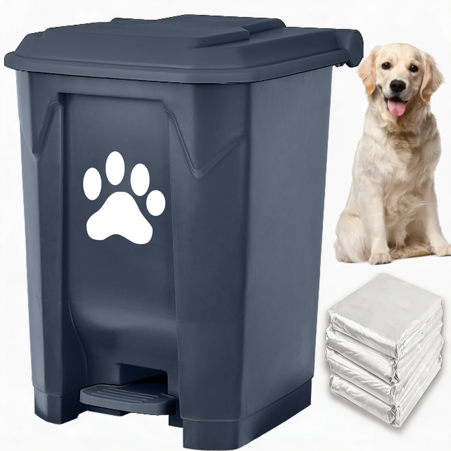 Dog Poop Trash Can Outdoors Pet Waste Station with Lid Dog Waste Disposal Container with Removable Inner Bin Bucket Hands-Free Pedal Garden Yard Home with Waste Bags, Black