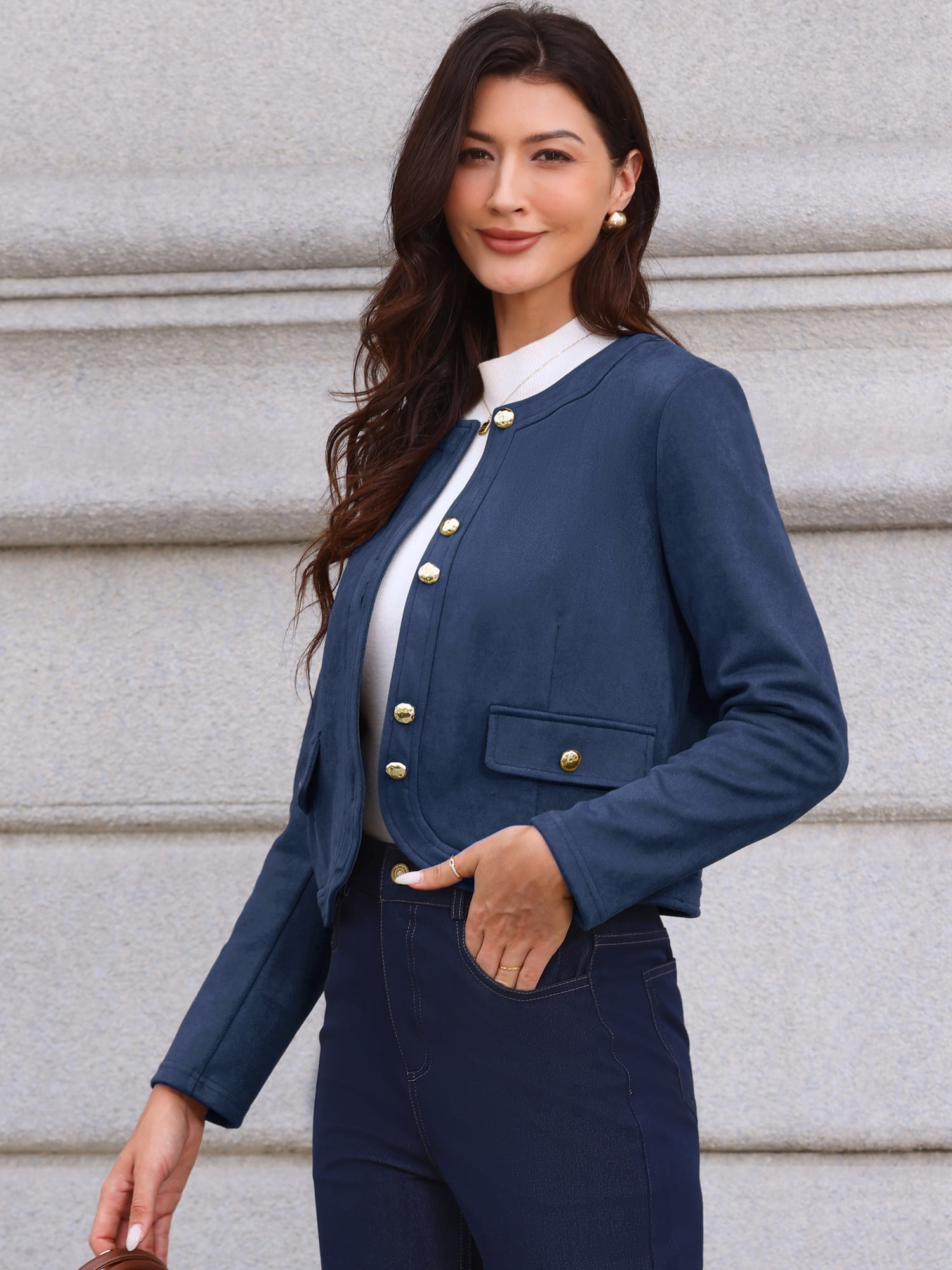 DARING DIVA Women's Collarless Long Sleeve Outerwear Faux Suede Jacket M Dark Blue