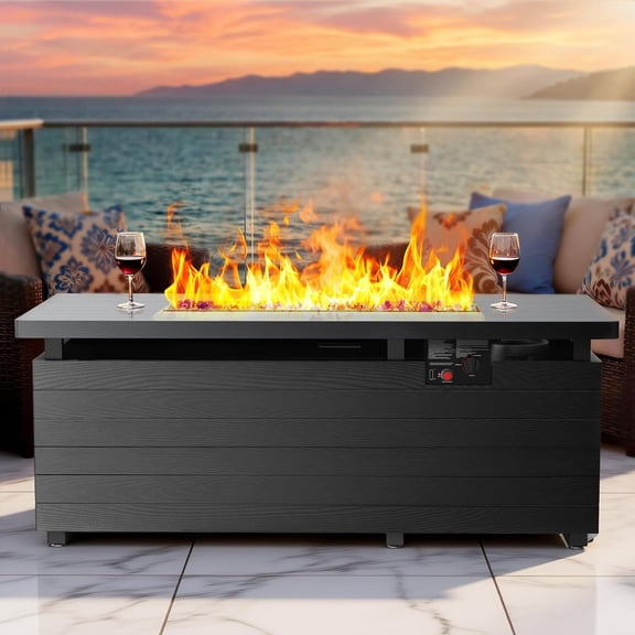 WAA 50” Propane Fire Pit Table 50,000 BTU,2-in-1 with Glass Stones & Lid,Outdoor Black Fire Table