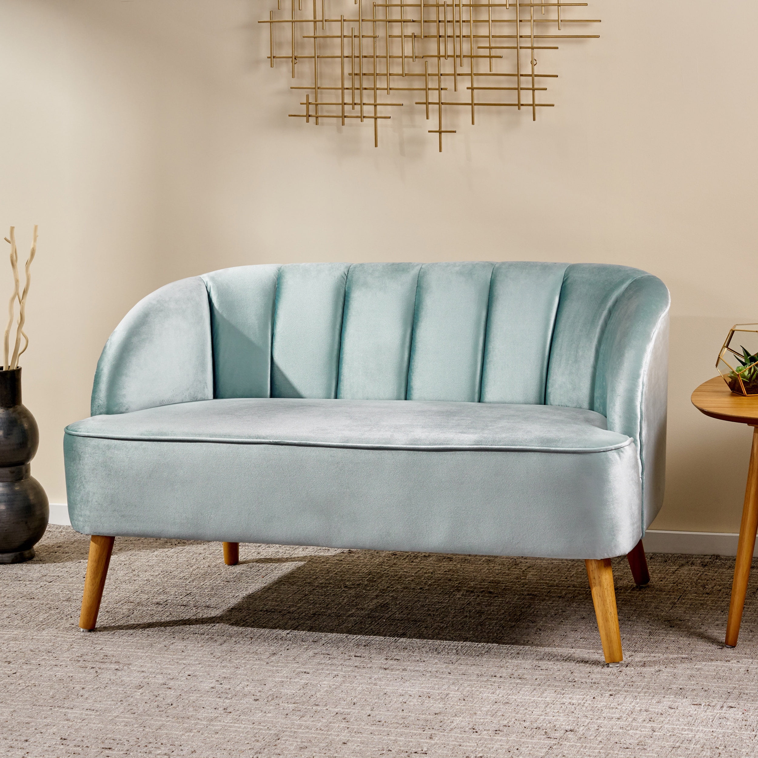 Noble House Albert Modern Velvet Scalloped Loveseat, Seafoam Blue