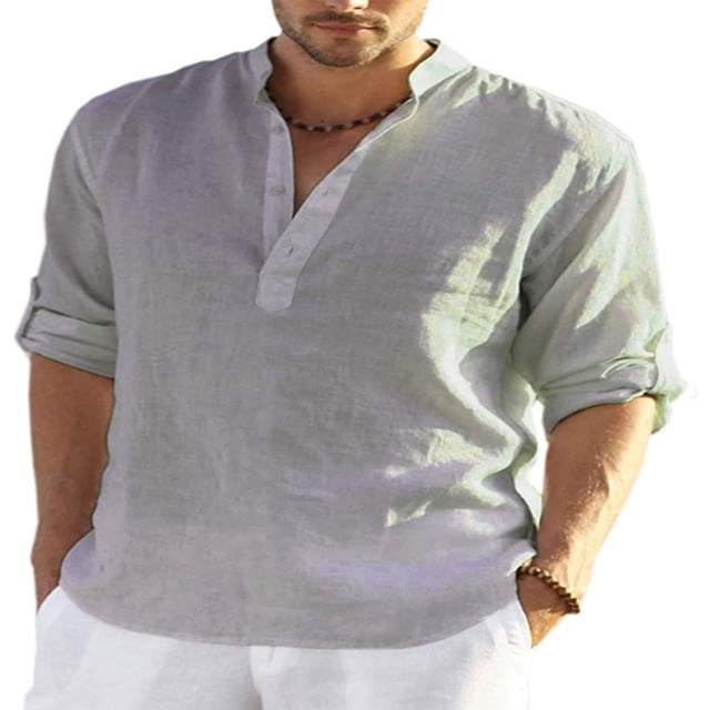 Camisa casual de color puro para hombre, cuello alto, manga larga, suelta, transpirable, ligera, para la playa