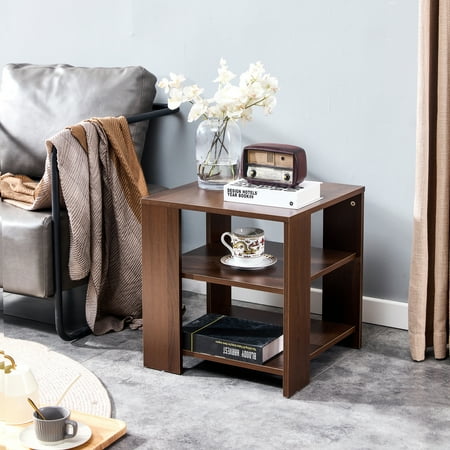 paproos Square Side Table, Farmhouse Style 3-Tier End Table for Living Room, Wood Nightstand Small Sofa Side Table, Easy to Assemble, Wooden Bedside Table for Bedroom, Classic Brown