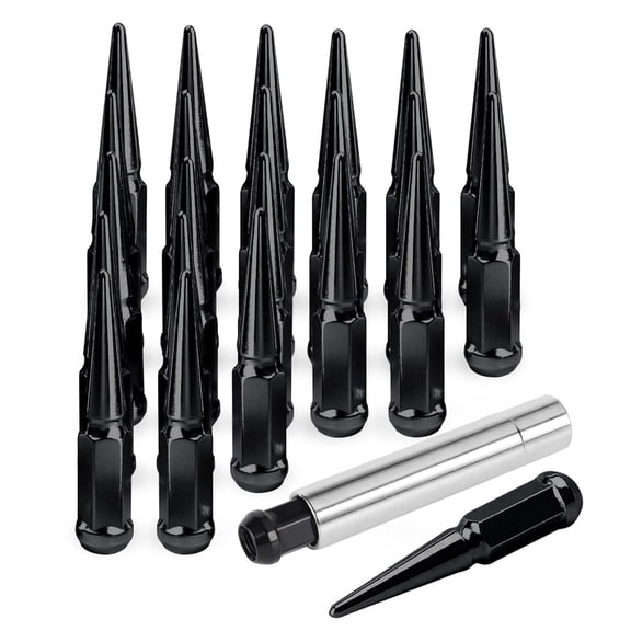 14x1.5 Spike Wheel Lug Nuts, 24pcs M14x1.5 Closed End Spike Lug Nut for Silverado 1500, Sierra 1500, F150, Black Conical Bulge Seat with 1 Socket Key
