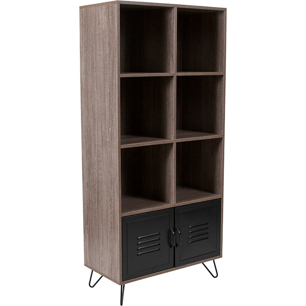 59.25"H 6 Cube Storage Organizer Bookcase, Metal Legs Rustic Wood
