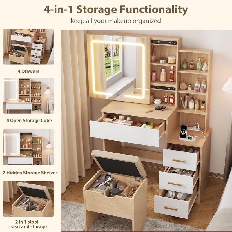 TROPOW Vanity Desk with Mirror and Lights, Makeup Vanity with Drawer & Storage Shelves, Cabinet, 3 Lighting Modes Adjustable Brightness, Power Outlet,Wood Color