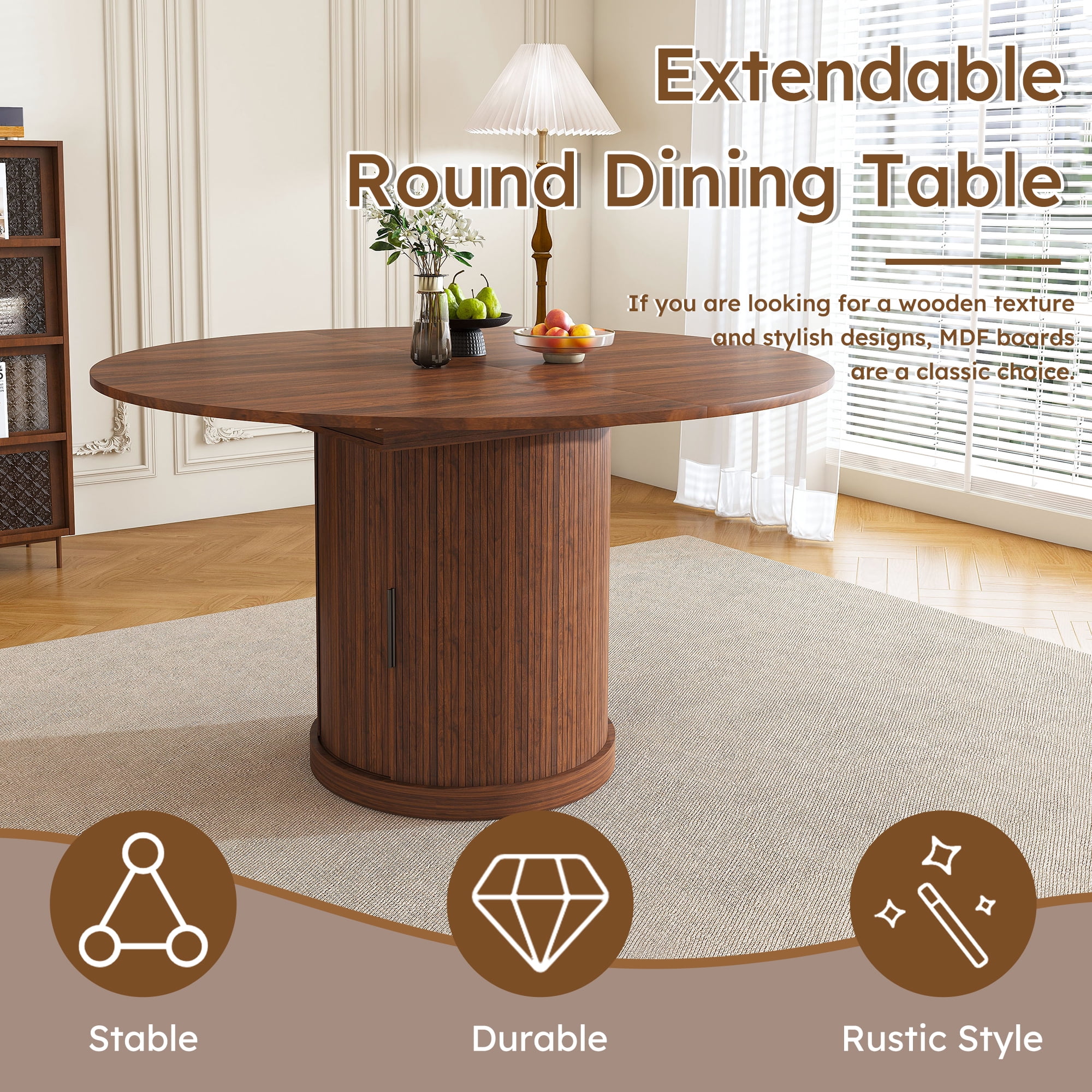 Extendable Dining Table, 47-59 Inch Oval Table with 2-Tier Open Storage and Pedestal Base, Space-Saving Design for Kitchen, Walnut Finish