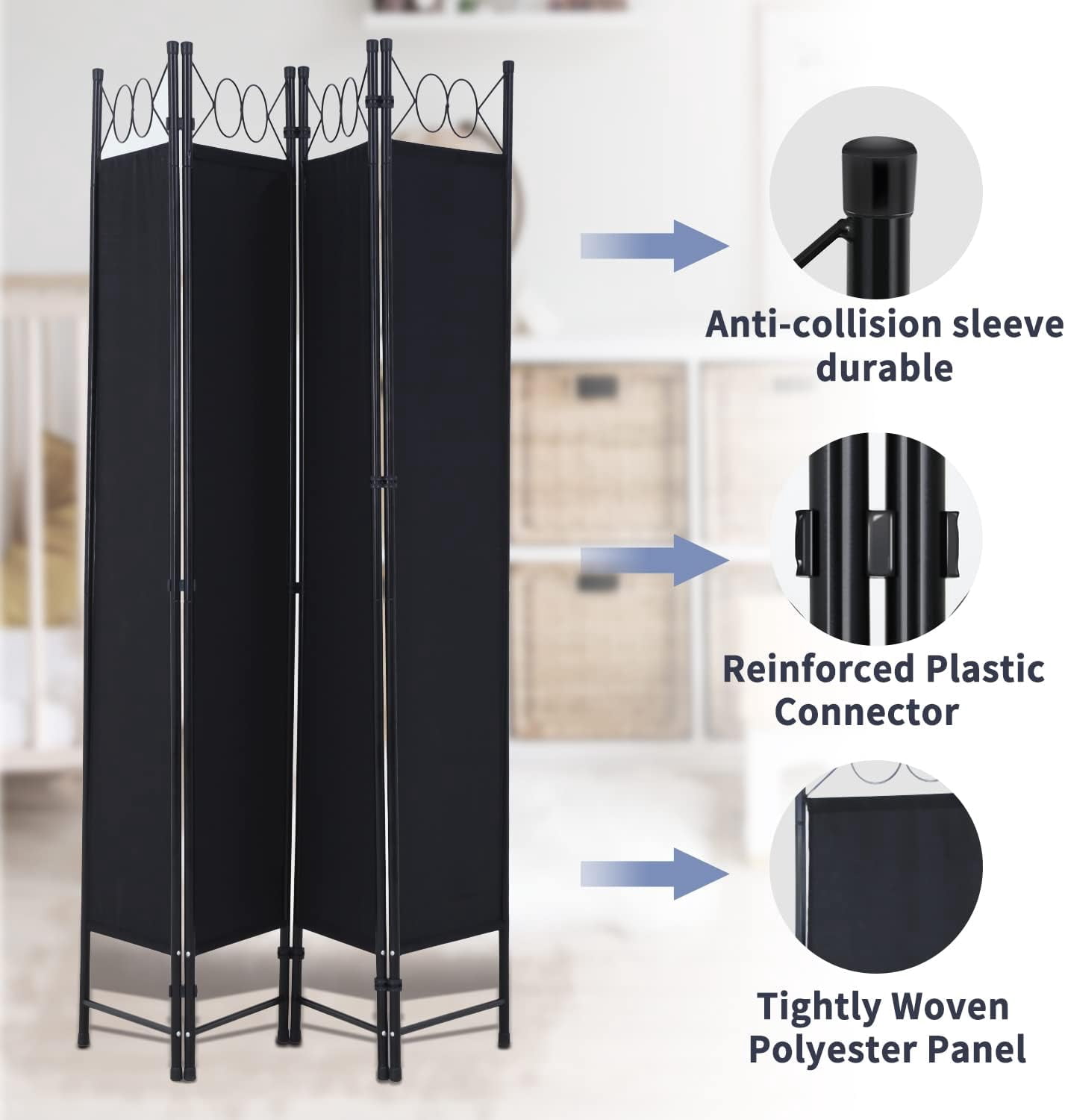 BIQWBIC 4-Panel Room Dividers and Folding Privacy Screens, 6.8 Ft Fabric Partition Screen, Black