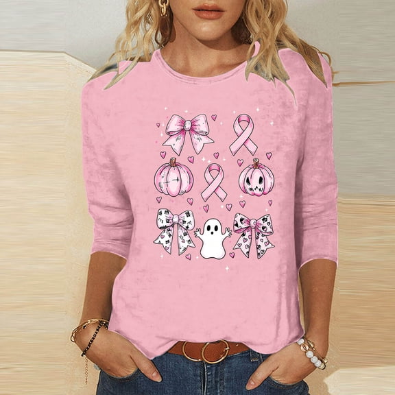 JOANKDMI Breast Cancer Awareness Shirts for Women Halloween Pink Ribbon Pumpkin Ghost Graphic Tees Long Sleeve Crewneck Casual Fall Tops October Pinktober Tshirts