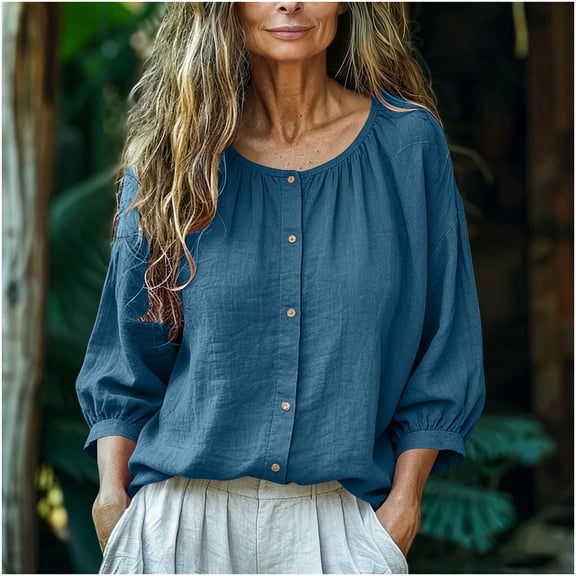 thefmos Women Fall 3/4 Sleeve Button Down Blouse Round Neck Casual Basic Tops Solid Boho Loose Pullover Trendy Vacation Clothes, Blue L