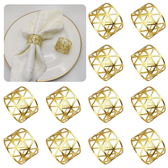 Gold Napkin Rings Set of 12, Hollow Cut Metal Napkin Ring Holders for Holidays Parties Decor