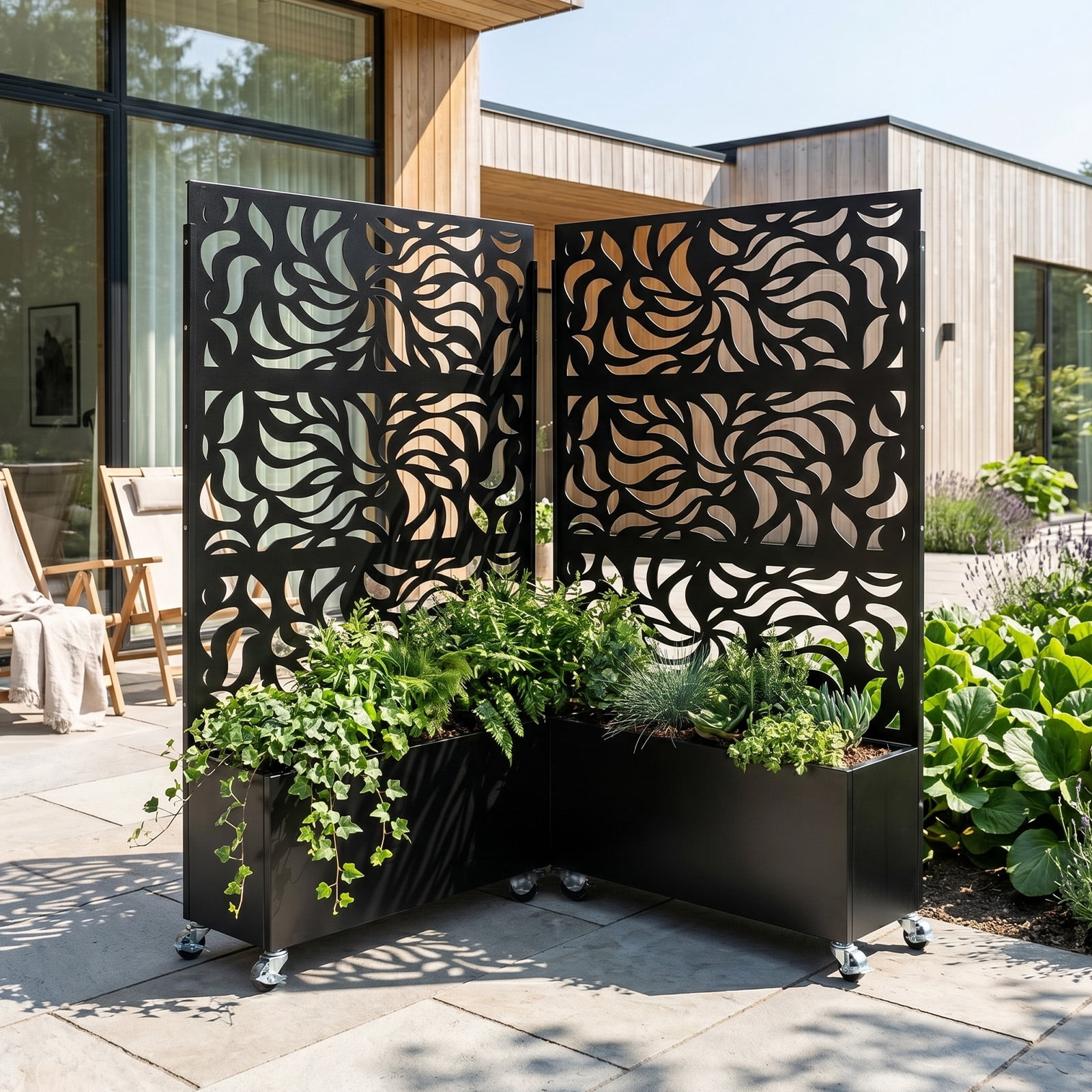 Privacy Screen with Planter Box, Black Metal Freestanding Decorative Fence Planter for Patio Balcony Backyard, 70.87" H x 46.06" W