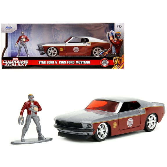1969 Ford Mustang Silver Met. and Dark Red and Star Lord Figure "Marvel Guardians of the Galaxy" 1/32 Diecast Model Car by Jada