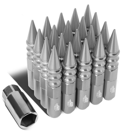 J2 Engineering LN-T7-015-15-SL J2 Engineering 7075 -T6 Forged Aluminum M12X1.5 20Pcs 123mm Height Spiky Cap Lug Nut Set w / Socket Adapter (Silver)