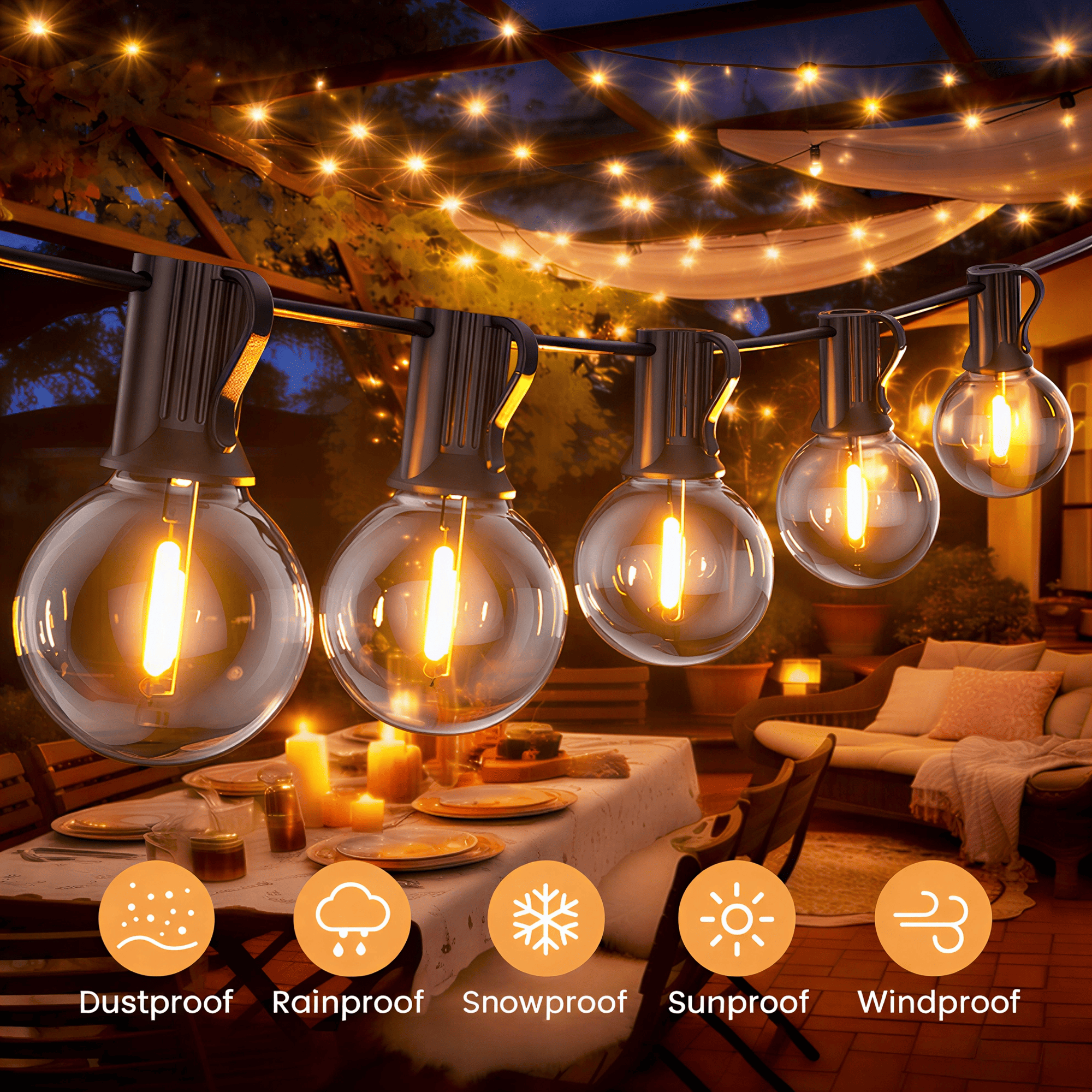 Yuucio Outdoor String Lights 100ft, G40 Led Patio Lights with 52pcs Bulbs,Waterproof Shatterproof Dimmable Hanging
