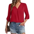 thumbnail image 5 of Pxxlle Chiffon Shirts for Women Dressy Ruffle 3/4 Sleeve Shirt Business Casual V Neck Pleated Blouses Solid Color Tops for Office Work Red M, 5 of 5